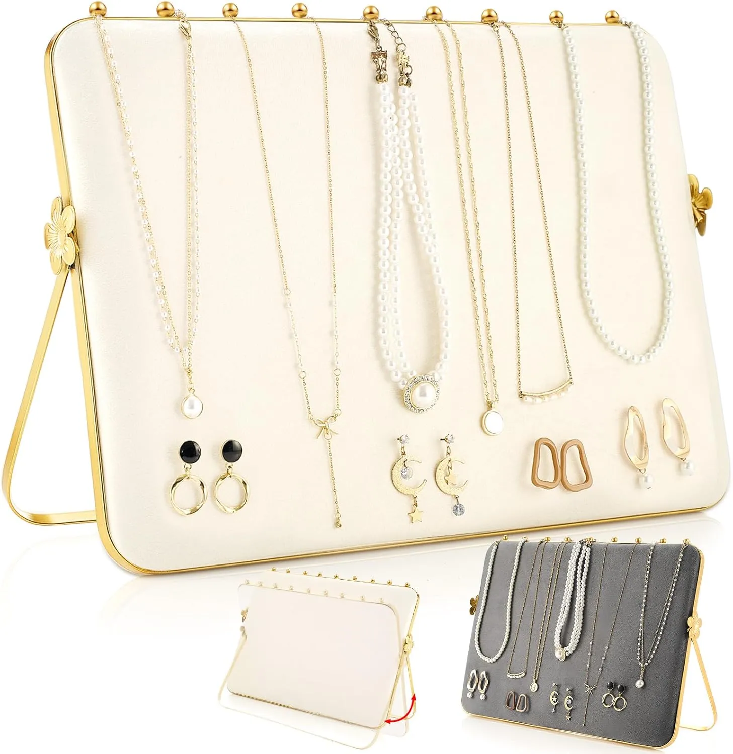 1 Pack Necklace Display Stand for Selling Double-sided Velvet Necklace Organizer Large Metal Chain Holder Stand Beige Grey Chain Jewelry Display for Vendor Craft Show Exhibidores