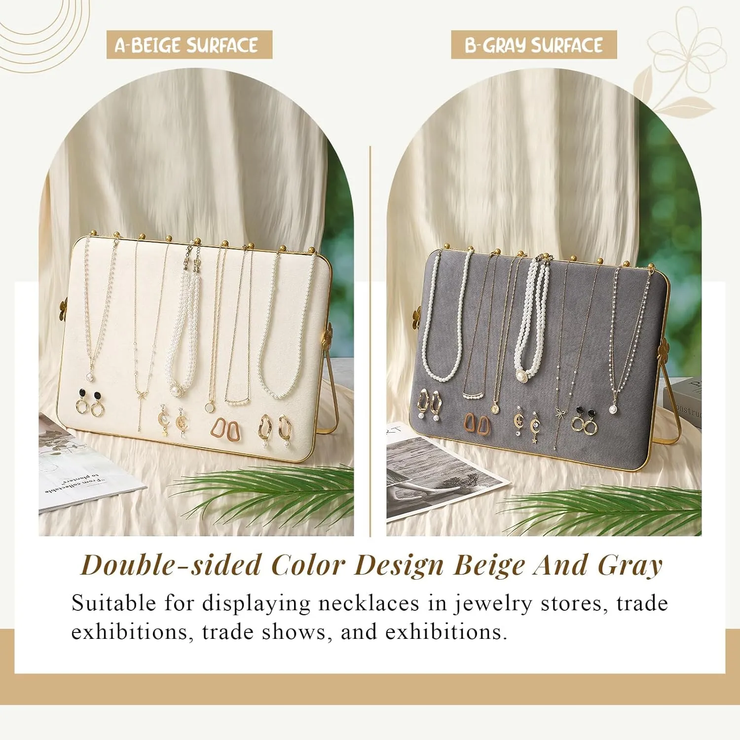 1 Pack Necklace Display Stand for Selling Double-sided Velvet Necklace Organizer Large Metal Chain Holder Stand Beige Grey Chain Jewelry Display for Vendor Craft Show Exhibidores