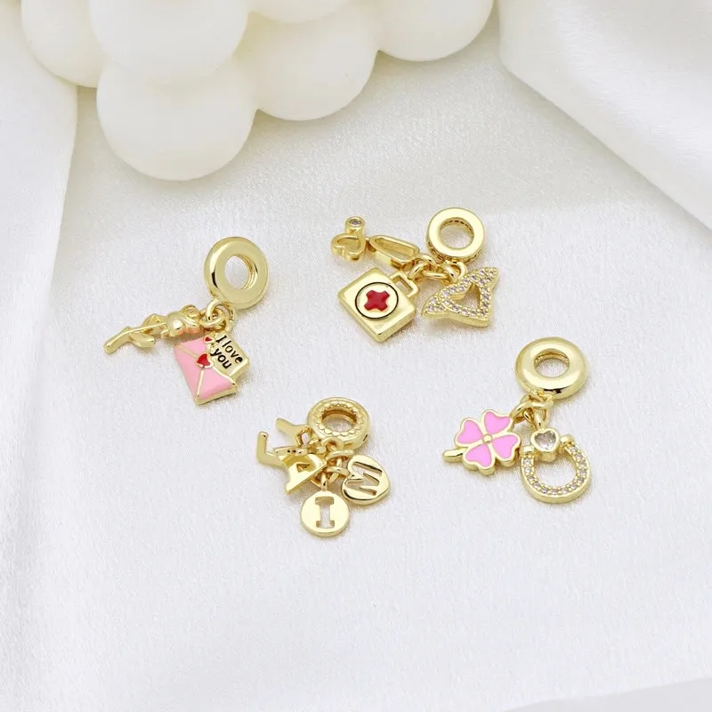 1 Piece 27MM 31mm 32mm Copper Zircon 18K Gold Plated Four Leaf Clover Tower Letter Pendant