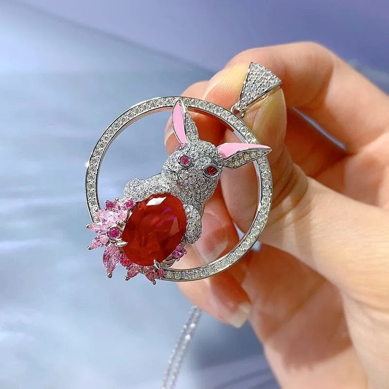 10*14MM Oval Cut Ruby Gemstone Rabbit 925 Sterling Silver Pendant Necklace