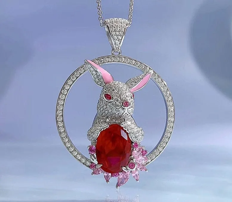 10*14MM Oval Cut Ruby Gemstone Rabbit 925 Sterling Silver Pendant Necklace