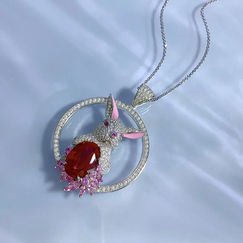 10*14MM Oval Cut Ruby Gemstone Rabbit 925 Sterling Silver Pendant Necklace