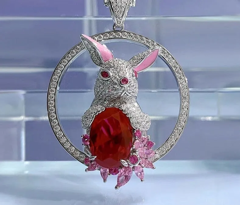 10*14MM Oval Cut Ruby Gemstone Rabbit 925 Sterling Silver Pendant Necklace