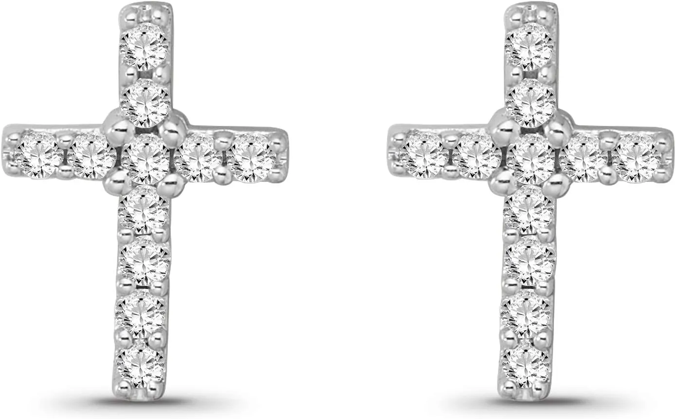 10k Gold or Silver Diamond Cross Push back Stud Earrings (1/4 cttw, I-J Color, I2-I3 Clarity)