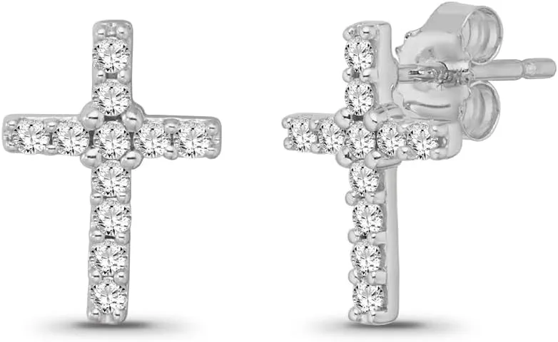 10k Gold or Silver Diamond Cross Push back Stud Earrings (1/4 cttw, I-J Color, I2-I3 Clarity)