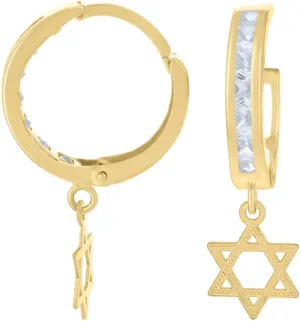 10K Yellow Gold Cubic Zirconia Star Of David Dangle Hoop Earrings