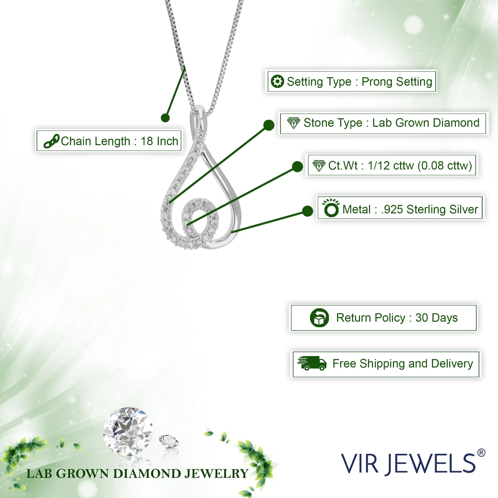 1/12 cttw Lab Grown Round Diamond Fashion Pendant Necklace .925 Sterling Silver For Women 1/3 Inch With 18 Inch Chain