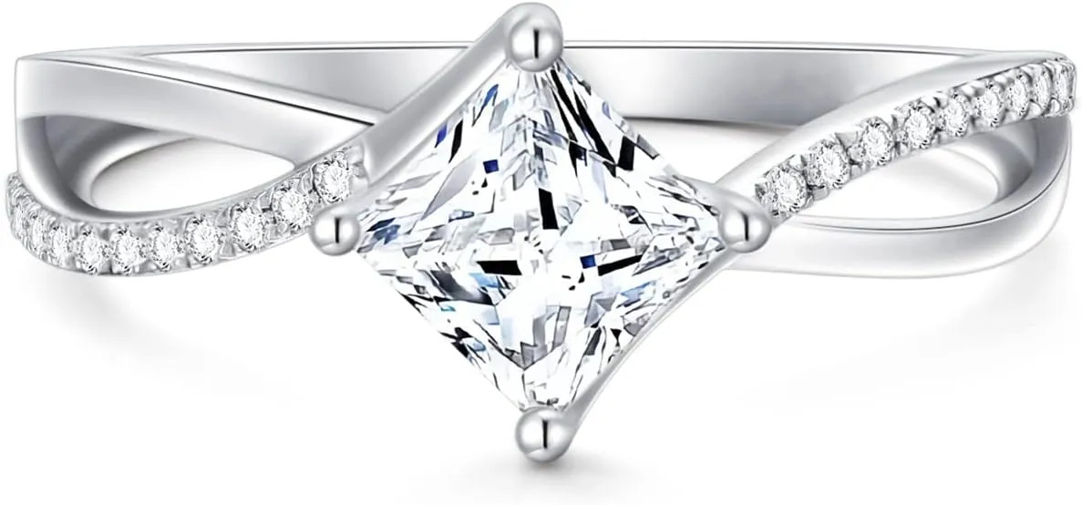 1.15 Carat (ctw) Princess Moissanite Engagement Rings for Women Platinum Plated Silver Ring Moissanite Rings