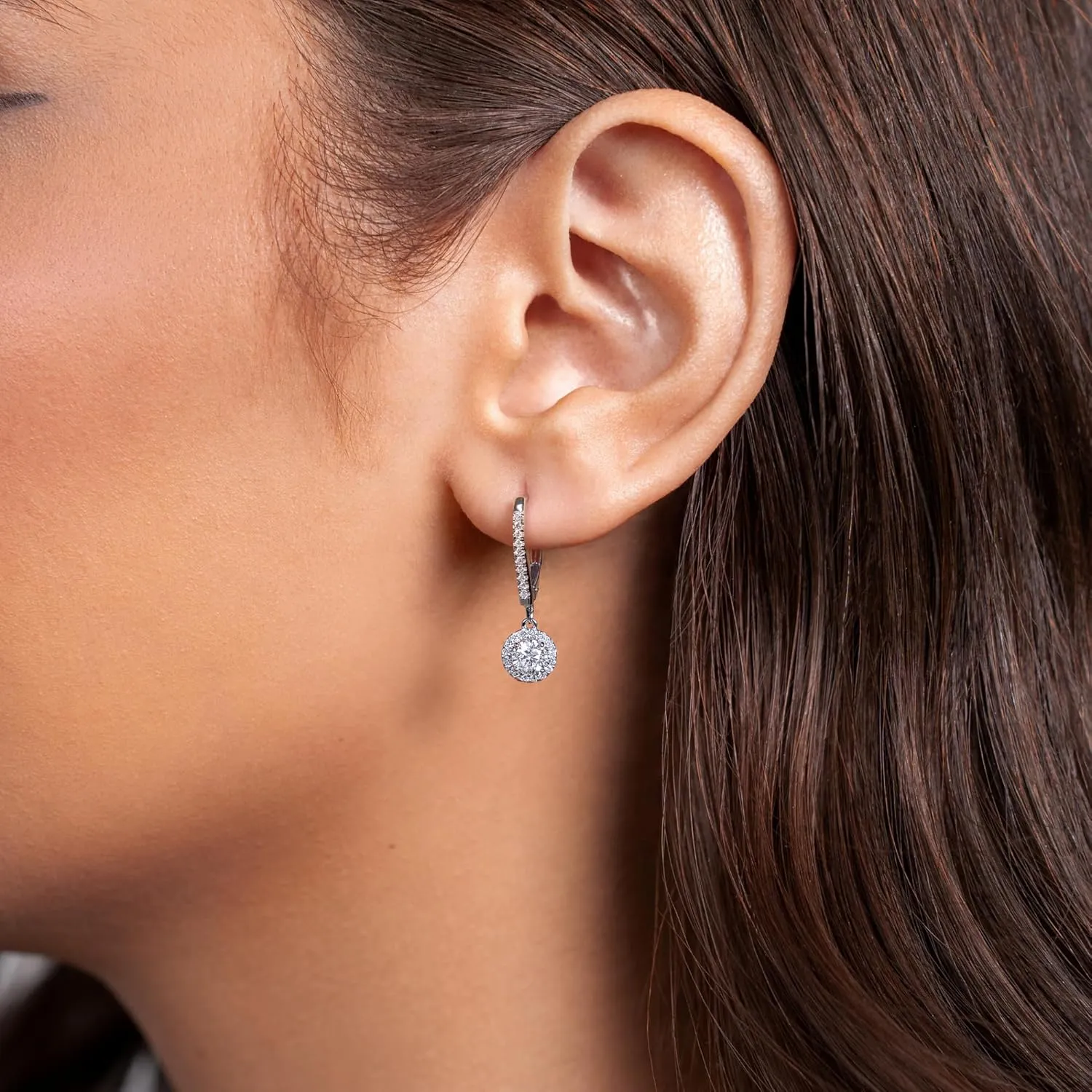 1/2 to 1 Carat Diamond Round Halo Dangle Earrings for Women in 14k White Gold (F-G, SI2-I1, cttw) Leverback by Privosa Fine Jewelry