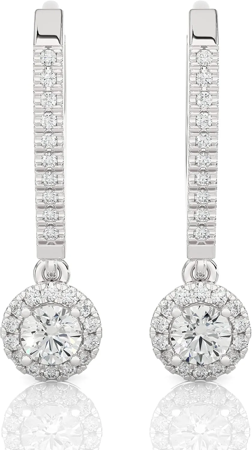 1/2 to 1 Carat Diamond Round Halo Dangle Earrings for Women in 14k White Gold (F-G, SI2-I1, cttw) Leverback by Privosa Fine Jewelry