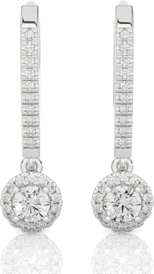 1/2 to 1 Carat Diamond Round Halo Dangle Earrings for Women in 14k White Gold (F-G, SI2-I1, cttw) Leverback by Privosa Fine Jewelry
