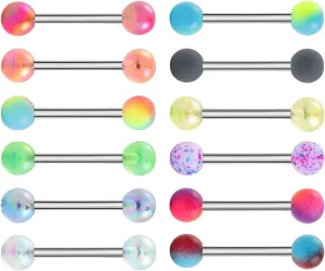 12Pcs 14G Stainless Steel Nipple Rings Solid Bioplast Ball Straight Barbell Bars Tongue Ring 16mm(5/8Inch) Body Piercing Jewelry Set