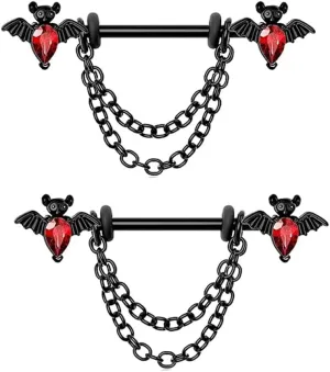 14G Bat Chains Dangle Nipple Rings for Women Stainless Steel Nipplerings Red Bats Nipple Shield Studs Nipple Barbell Nipple Piercing Jewelry