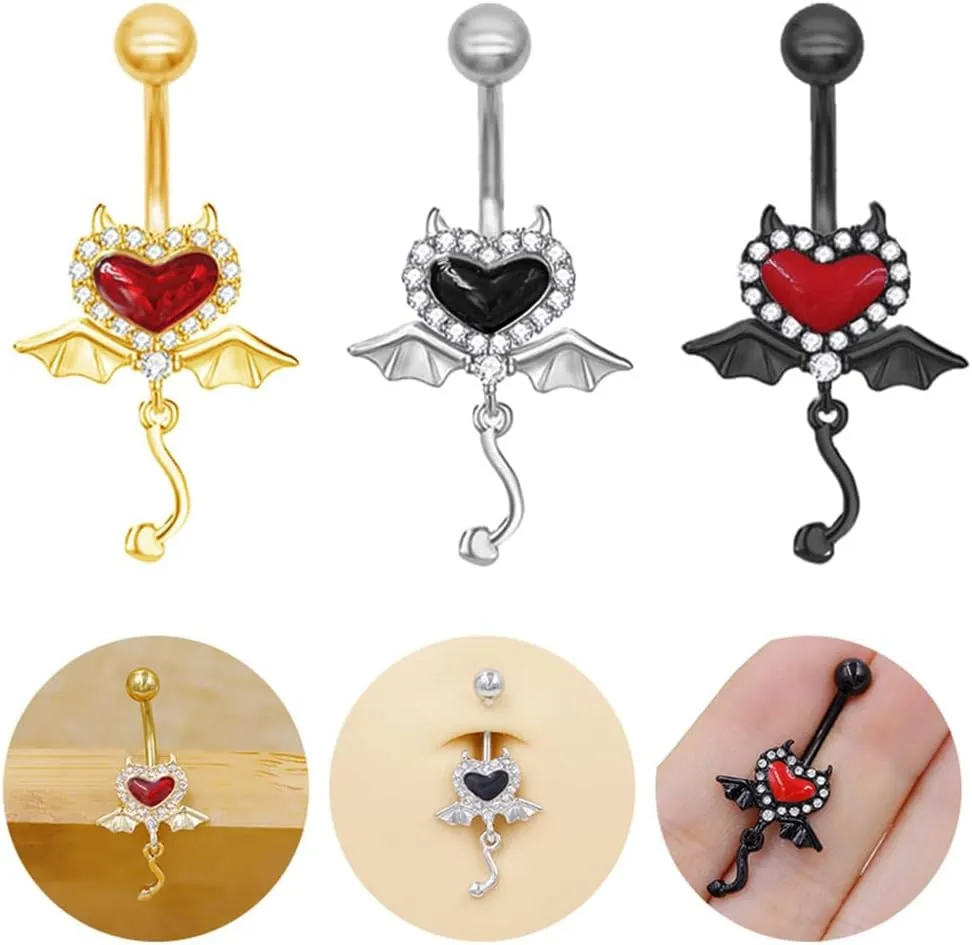 14G CZ Devil Heart Belly Button Rings for Women 316L Stainless Steel Bat Dangle Belly Rings Navel Curved Barbell Studs Dainty Belly Piercing Jewelry 3/8 Inch