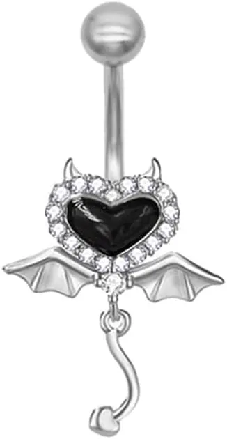 14G CZ Devil Heart Belly Button Rings for Women 316L Stainless Steel Bat Dangle Belly Rings Navel Curved Barbell Studs Dainty Belly Piercing Jewelry 3/8 Inch