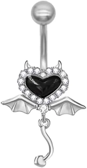 14G CZ Devil Heart Belly Button Rings for Women 316L Stainless Steel Bat Dangle Belly Rings Navel Curved Barbell Studs Dainty Belly Piercing Jewelry 3/8 Inch