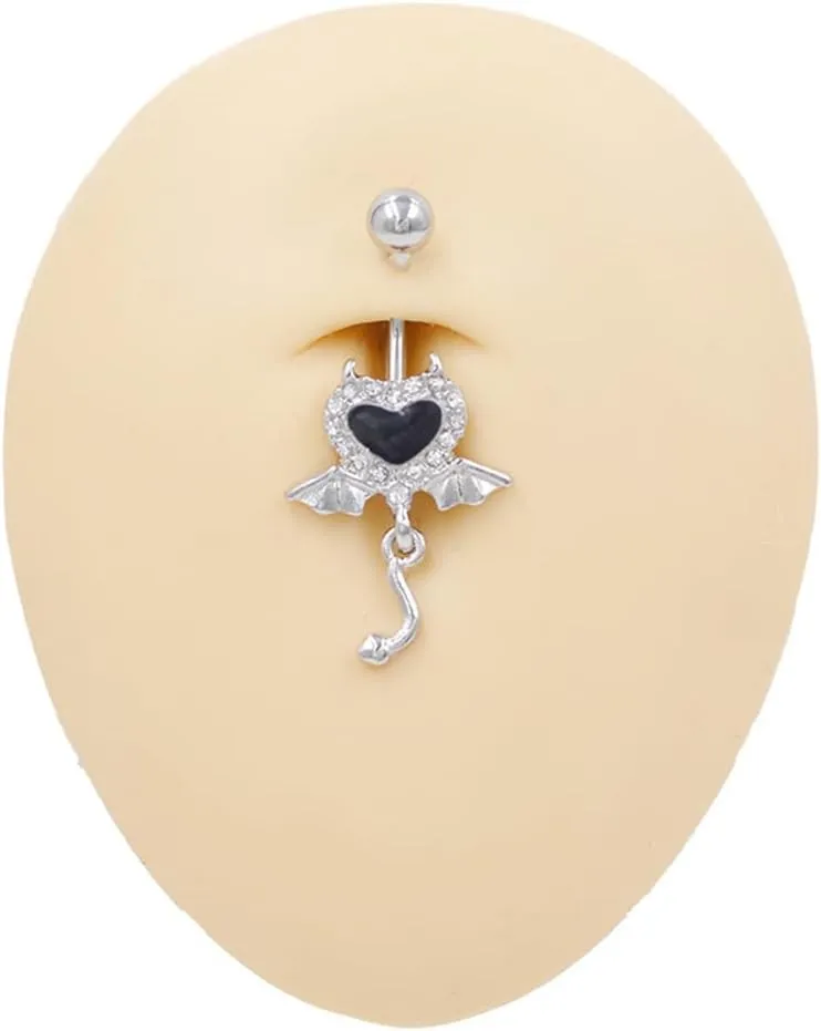 14G CZ Devil Heart Belly Button Rings for Women 316L Stainless Steel Bat Dangle Belly Rings Navel Curved Barbell Studs Dainty Belly Piercing Jewelry 3/8 Inch