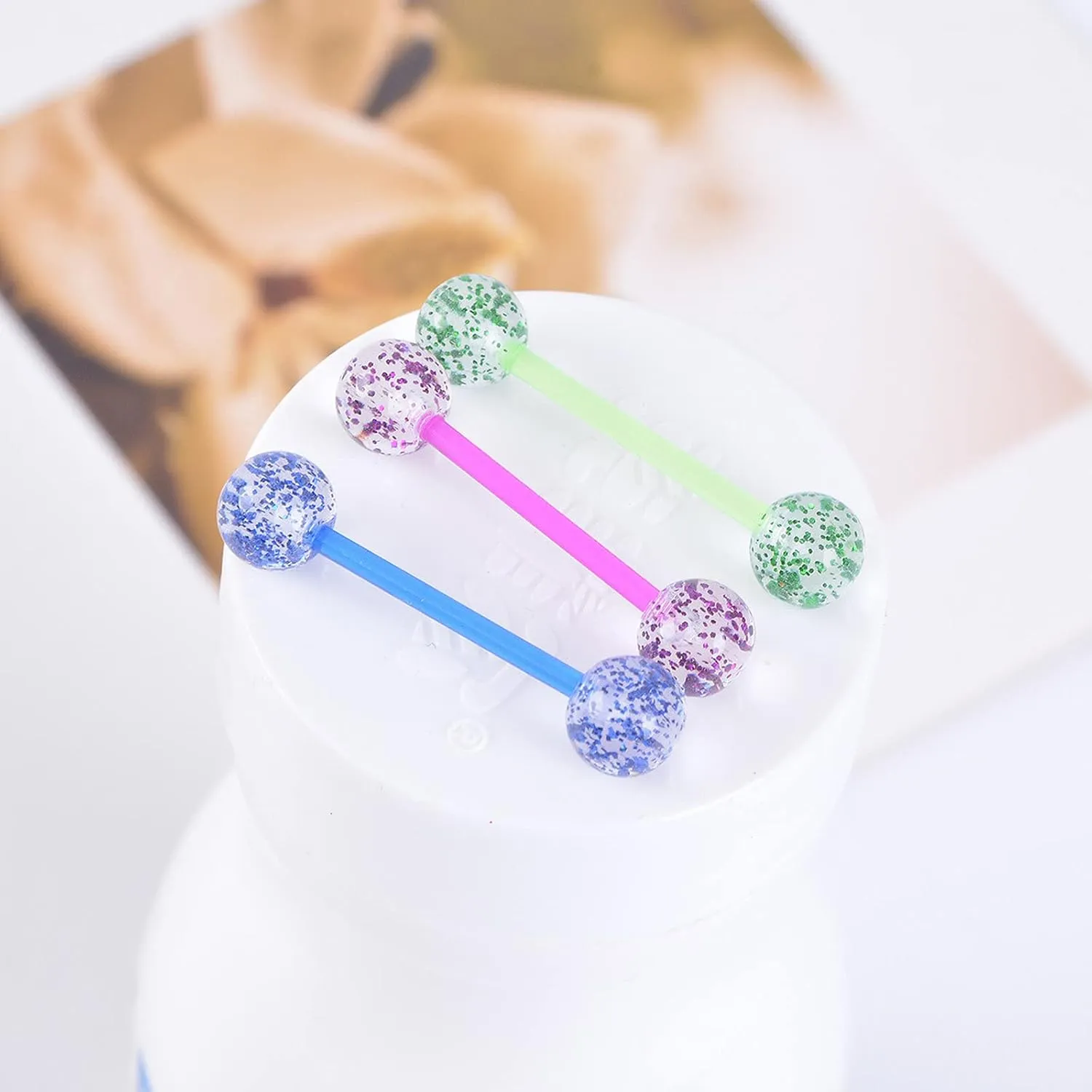14G Flexible Acrylic Nipple Rings Glitter Bioplast Balls Straight Barbell Bars Tongue Ring 16mm(5/8Inch) Body Piercing Jewelry