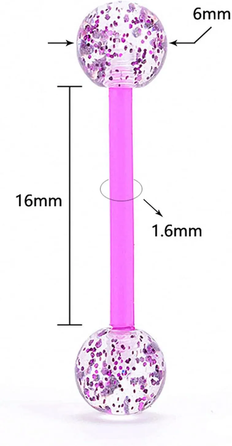 14G Flexible Acrylic Nipple Rings Glitter Bioplast Balls Straight Barbell Bars Tongue Ring 16mm(5/8Inch) Body Piercing Jewelry
