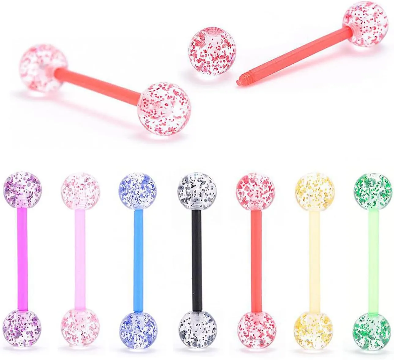 14G Flexible Acrylic Nipple Rings Glitter Bioplast Balls Straight Barbell Bars Tongue Ring 16mm(5/8Inch) Body Piercing Jewelry