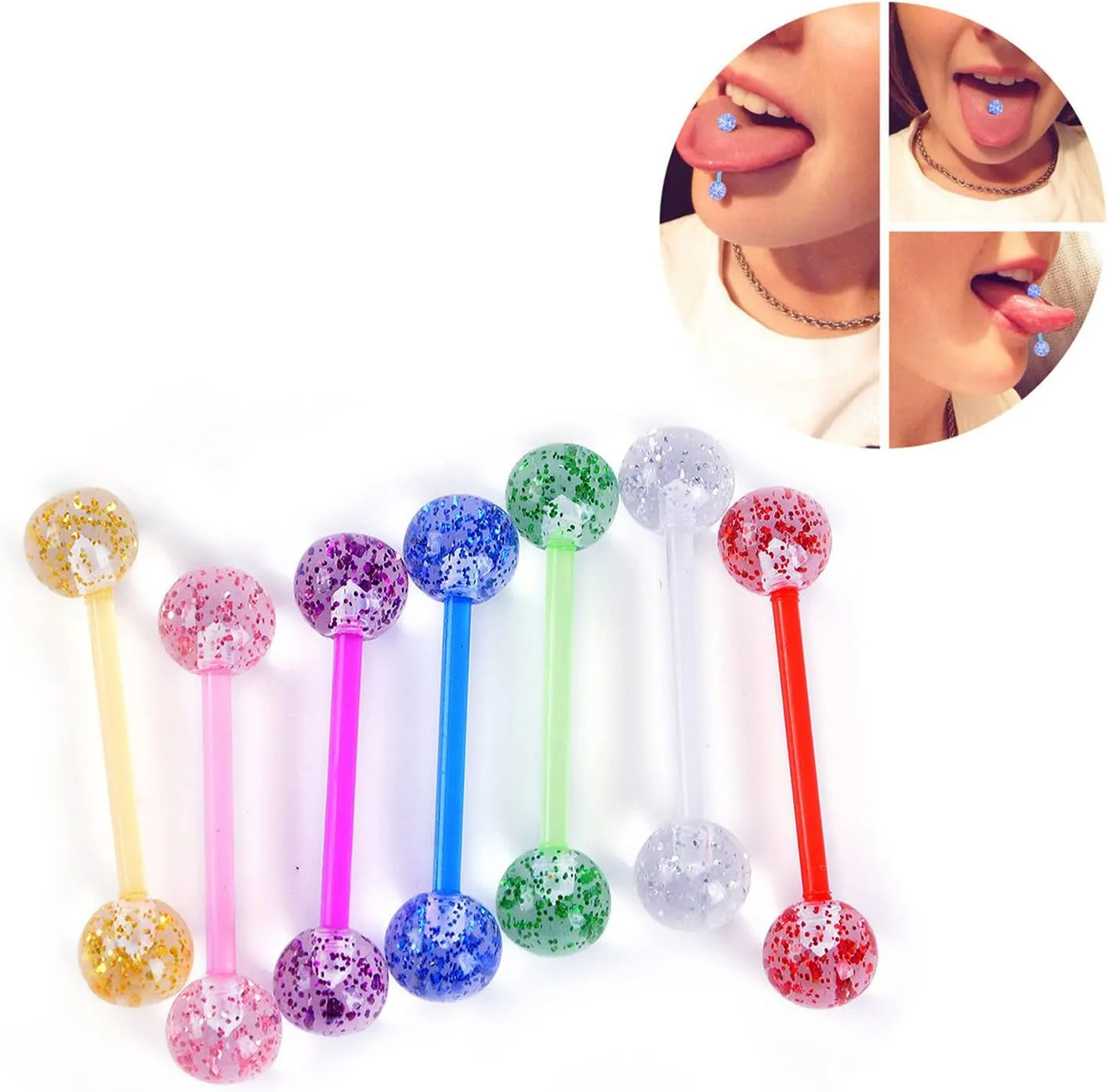 14G Flexible Acrylic Nipple Rings Glitter Bioplast Balls Straight Barbell Bars Tongue Ring 16mm(5/8Inch) Body Piercing Jewelry