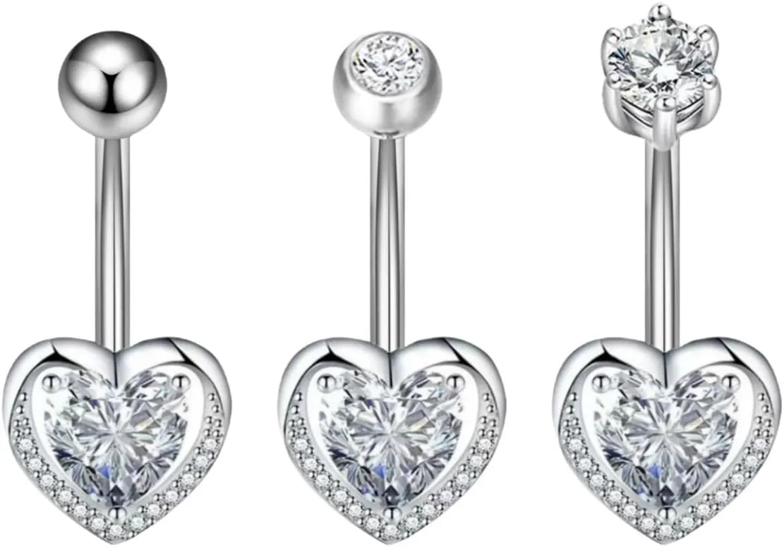14G Moissanite Belly Button Rings Surgical Stainless Steel Round Cubic Zirconia Heart Navel Barbell Stud Body Piercing