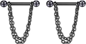 14G Stainless Steel Nipple Rings Black Chain Straight Barbell Bars Tongue Ring 16mm(5/8Inch) Body Piercing Jewelry