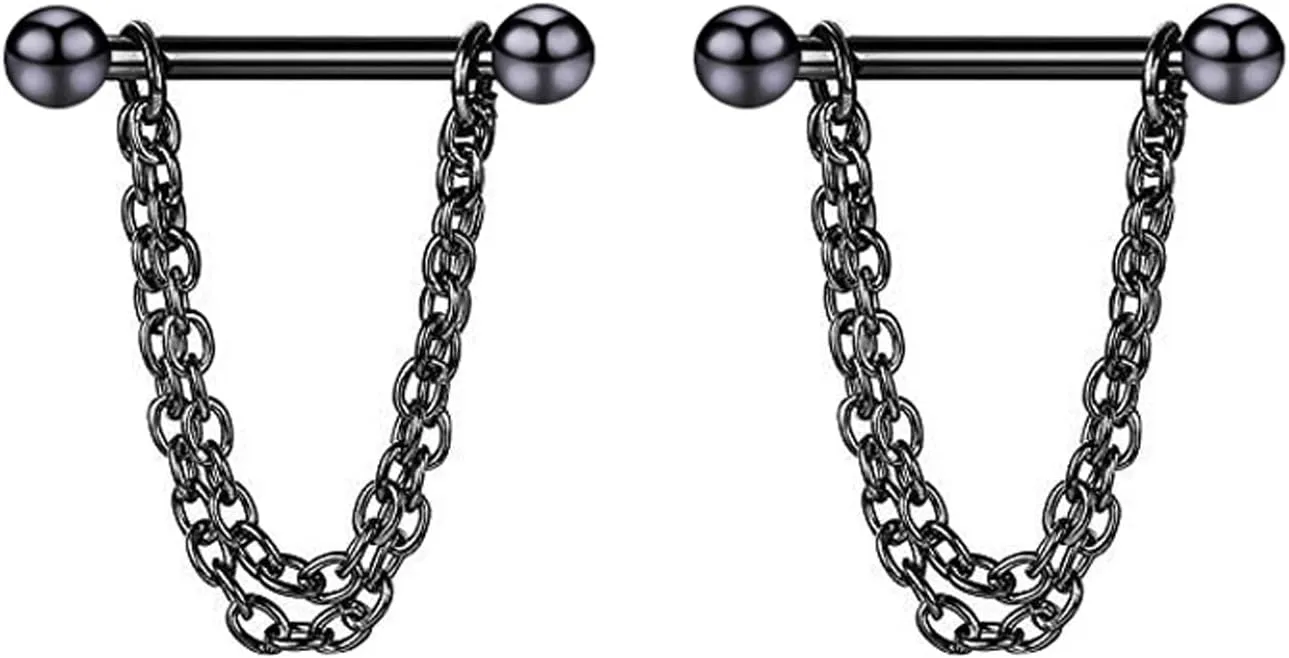 14G Stainless Steel Nipple Rings Black Chain Straight Barbell Bars Tongue Ring 16mm(5/8Inch) Body Piercing Jewelry