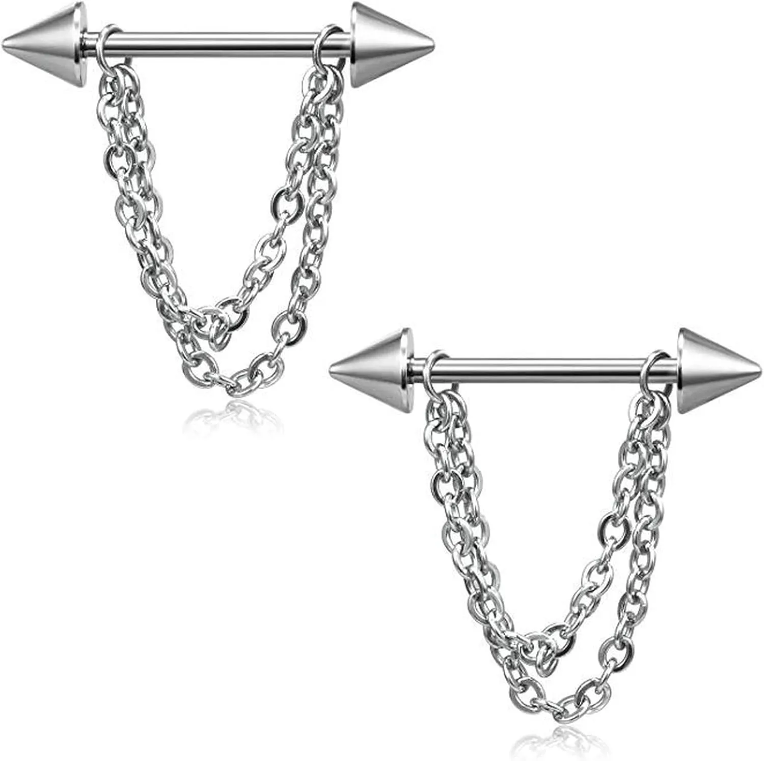 14G Stainless Steel Nipple Rings Chain Ball Cone Straight Barbell Bars Tongue Ring 16mm(5/8Inch) Body Piercing Jewelry