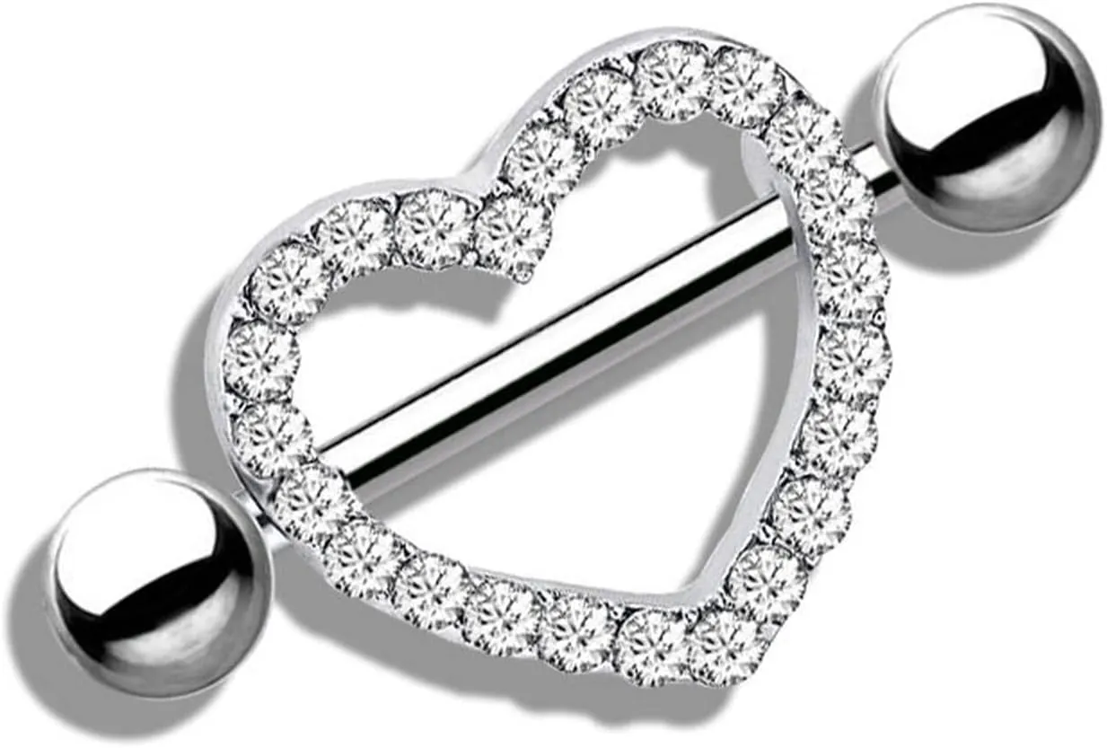 14G Stainless Steel Nipple Rings Classic Glitter CZ Heart Straight Barbell Bars Tongue Ring 16mm(5/8Inch) Body Piercing Jewelry
