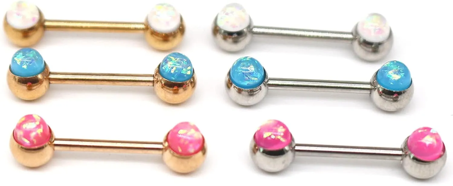 14G Stainless Steel Nipple Rings Colorful Opal Ball Straight Barbell Bars Tongue Ring Body Piercing Jewelry