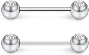 14G Stainless Steel Nipple Rings CZ Balls Straight Barbell Bars Tongue Ring 16mm(5/8Inch) Body Piercing Jewelry