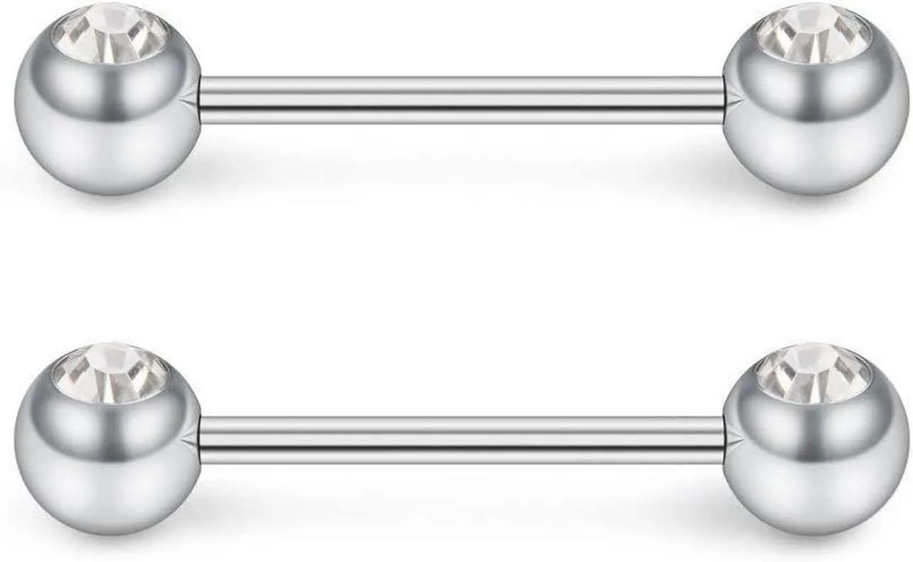14G Stainless Steel Nipple Rings CZ Balls Straight Barbell Bars Tongue Ring 16mm(5/8Inch) Body Piercing Jewelry