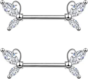 14G Stainless Steel Nipple Rings CZ Butterfly Straight Barbell Bars Tongue Ring 16mm(5/8Inch) Body Piercing Jewelry