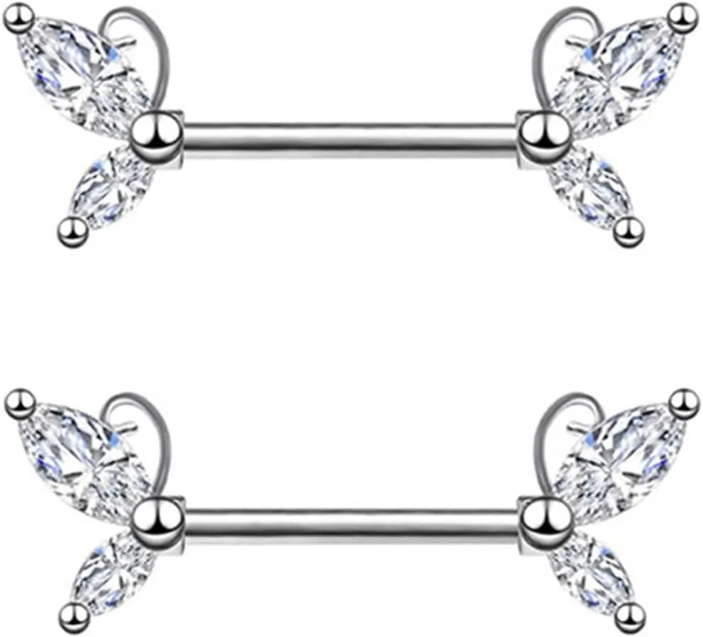 14G Stainless Steel Nipple Rings CZ Butterfly Straight Barbell Bars Tongue Ring 16mm(5/8Inch) Body Piercing Jewelry