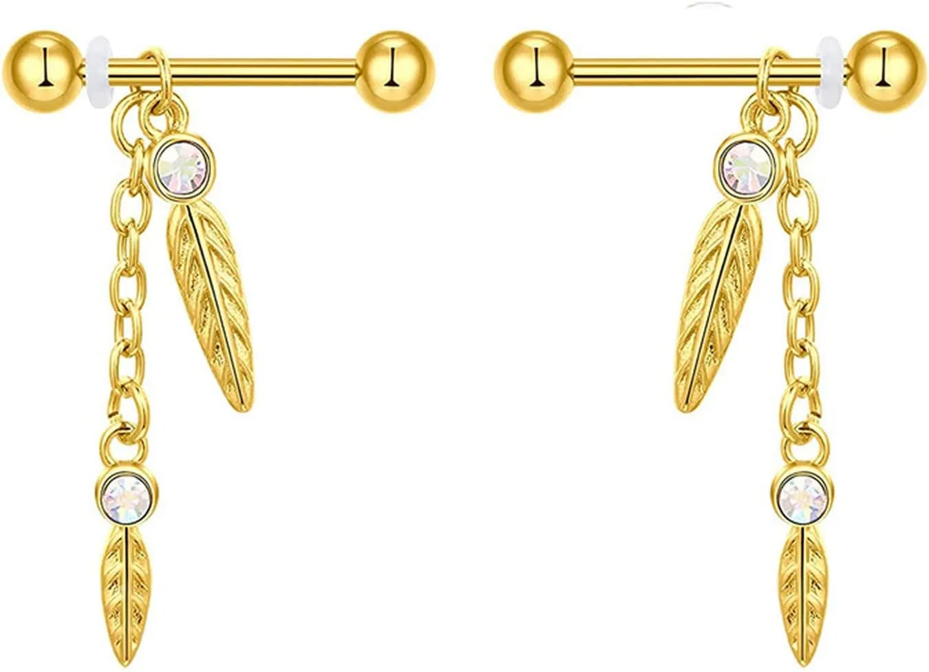 14G Stainless Steel Nipple Rings CZ Chain Leaf Straight Barbell Bars Tongue Ring 16mm(5/8Inch) Body Piercing Jewelry