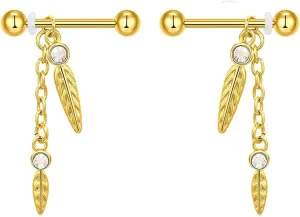 14G Stainless Steel Nipple Rings CZ Chain Leaf Straight Barbell Bars Tongue Ring 16mm(5/8Inch) Body Piercing Jewelry