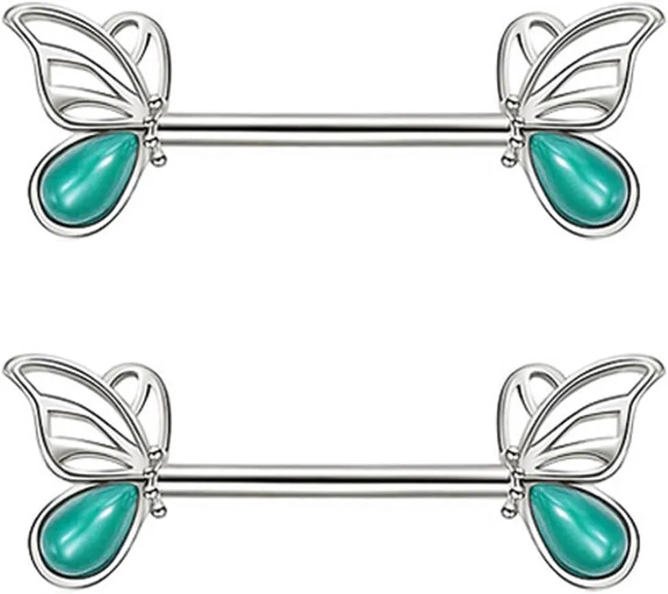 14G Stainless Steel Nipple Rings CZ Silver Butterfly Straight Barbell Bars Tongue Ring 16mm(5/8Inch) Body Piercing Jewelry