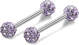 14G Stainless Steel Nipple Rings Glitter CZ Balls Straight Barbell Bars Tongue Ring 16mm(5/8 Inch) Body Piercing Jewelry
