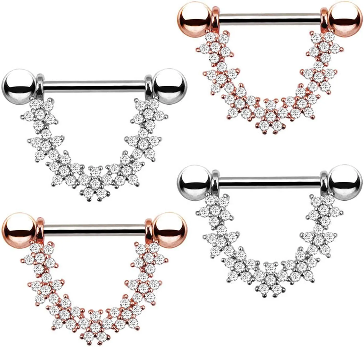 14G Stainless Steel Nipple Rings Glitter CZ Flowe Paw Straight Barbell Bars Tongue Ring 16mm(5/8Inch) Body Piercing Jewelry
