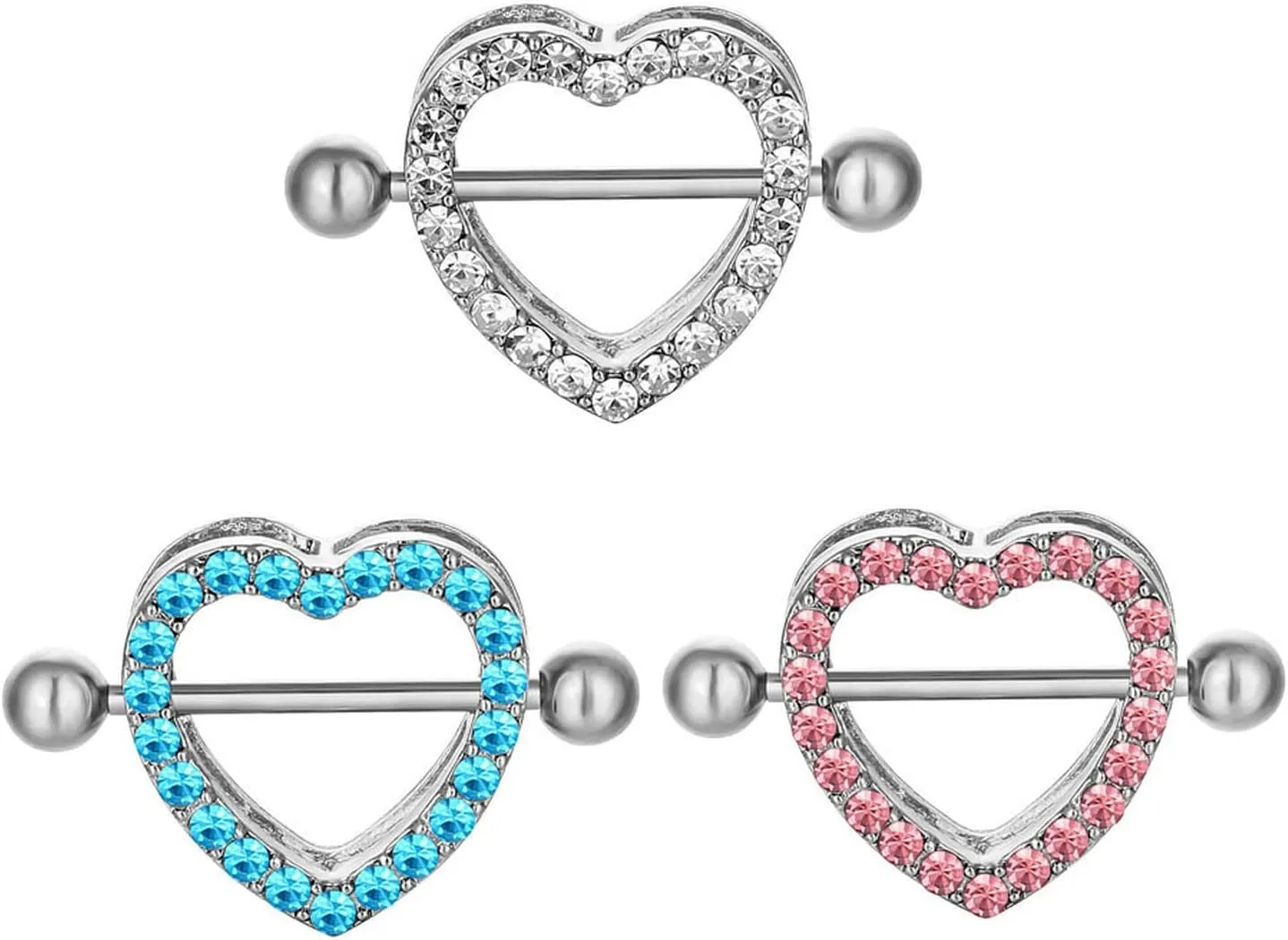 14G Stainless Steel Nipple Rings Glitter CZ Heart Silver Straight Barbell Bars Tongue Ring 16mm(5/8Inch) Body Piercing Jewelry
