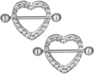 14G Stainless Steel Nipple Rings Glitter CZ Heart Silver Straight Barbell Bars Tongue Ring 16mm(5/8Inch) Body Piercing Jewelry
