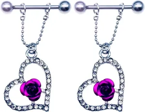 14G Stainless Steel Nipple Rings Glitter CZ Rose Heart Straight Barbell Bars Tongue Ring 16mm(5/8Inch) Body Piercing Jewelry