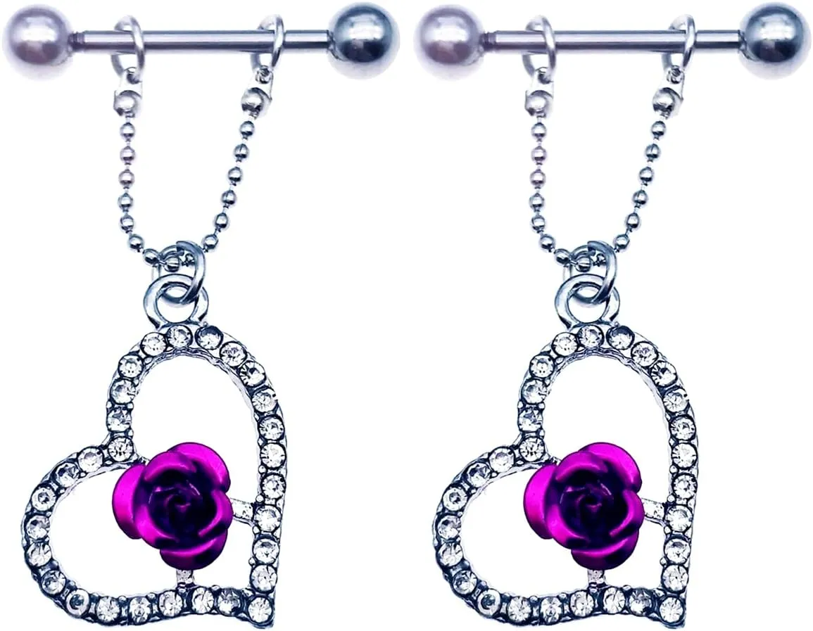 14G Stainless Steel Nipple Rings Glitter CZ Rose Heart Straight Barbell Bars Tongue Ring 16mm(5/8Inch) Body Piercing Jewelry