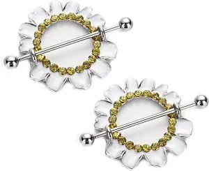 14G Stainless Steel Nipple Rings Glitter CZ Sunflower Straight Barbell Bars Tongue Ring 16mm(5/8 Inch) Body Piercing Jewelry