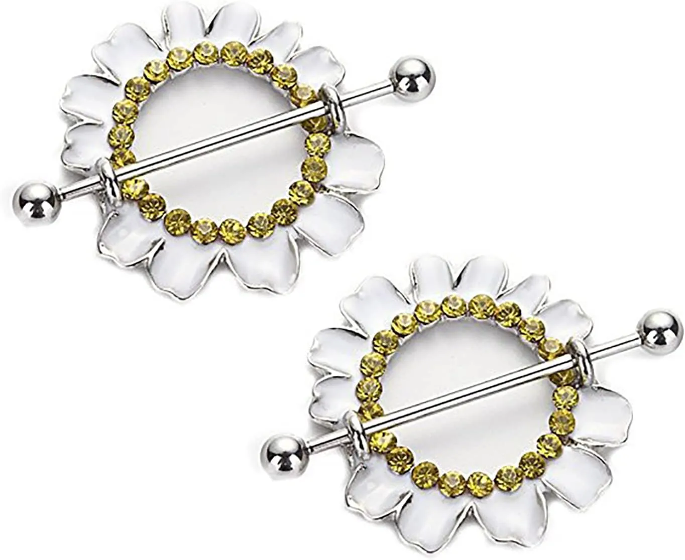14G Stainless Steel Nipple Rings Glitter CZ Sunflower Straight Barbell Bars Tongue Ring 16mm(5/8 Inch) Body Piercing Jewelry