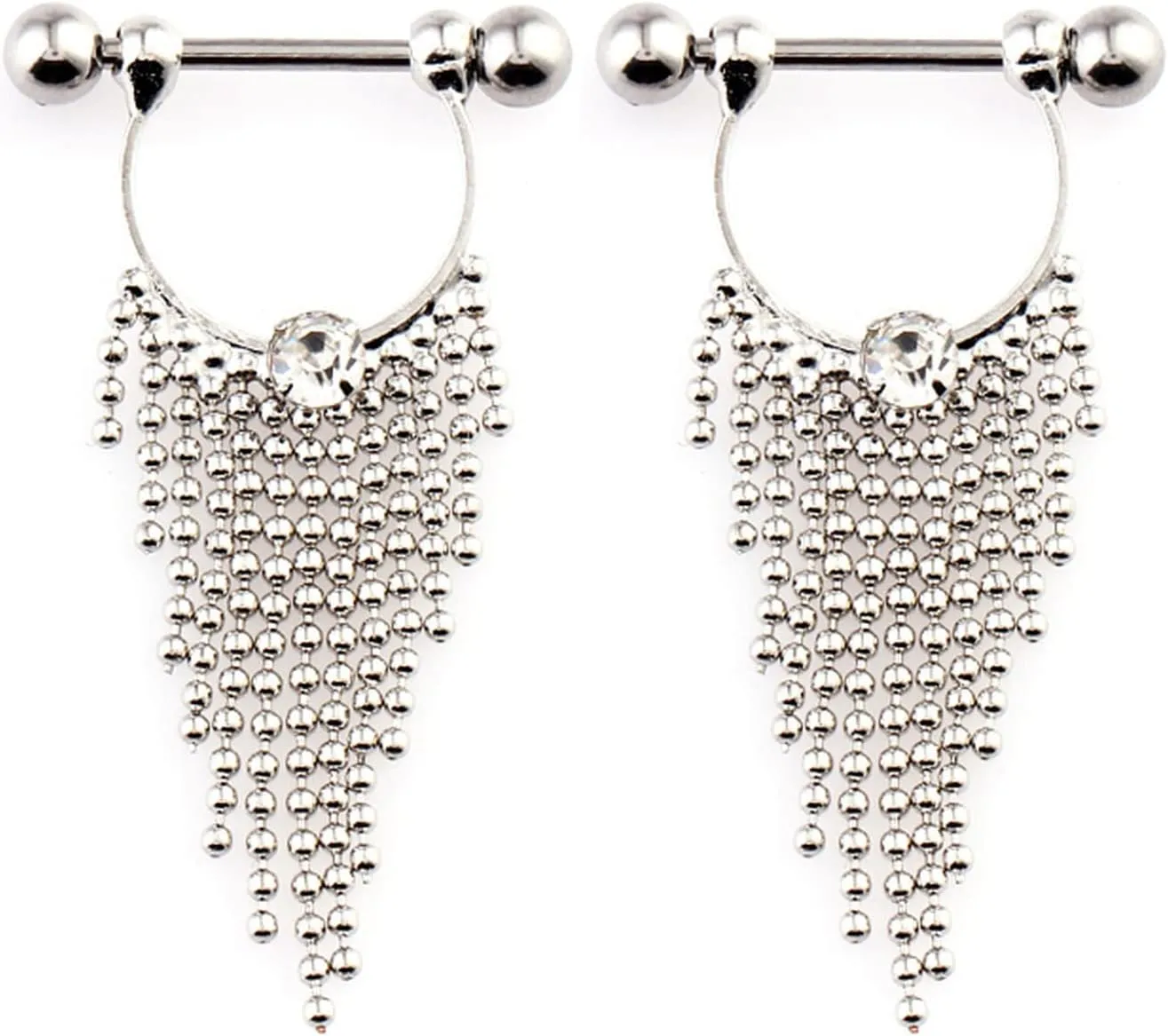 14G Stainless Steel Nipple Rings Glitter CZ Tassels Straight Barbell Bars Tongue Ring 16mm(5/8Inch) Body Piercing Jewelry