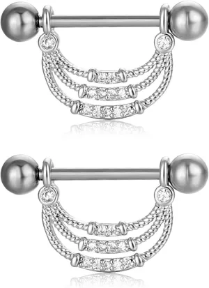 14G Stainless Steel Nipple Rings Glitter CZ U Chain Straight Barbell Bars Tongue Ring 16mm(5/8Inch) Body Piercing Jewelry