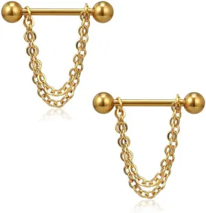 14G Stainless Steel Nipple Rings Gold Chain Straight Barbell Bars Tongue Ring 16mm(5/8Inch) Body Piercing Jewelry