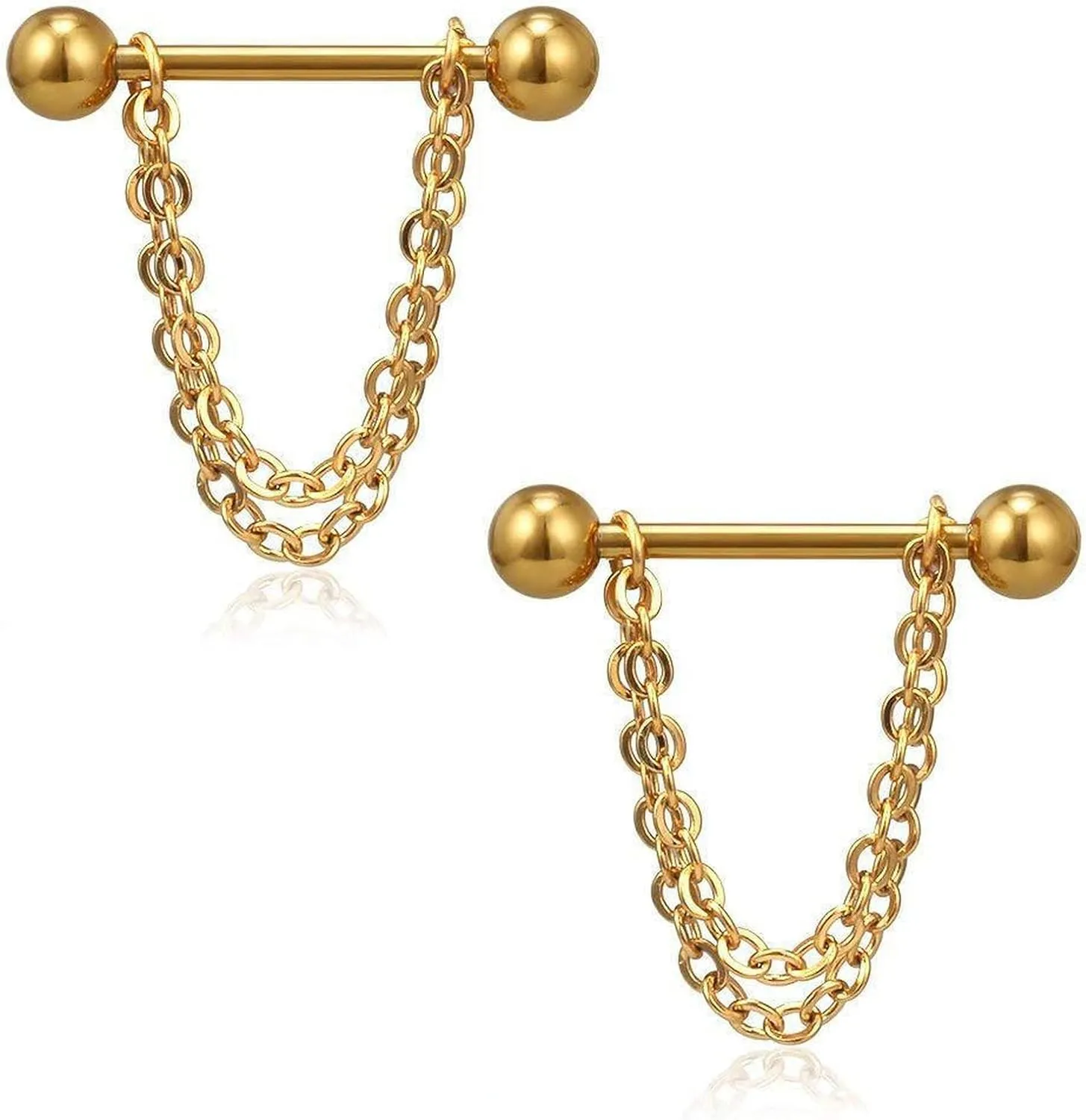 14G Stainless Steel Nipple Rings Gold Chain Straight Barbell Bars Tongue Ring 16mm(5/8Inch) Body Piercing Jewelry